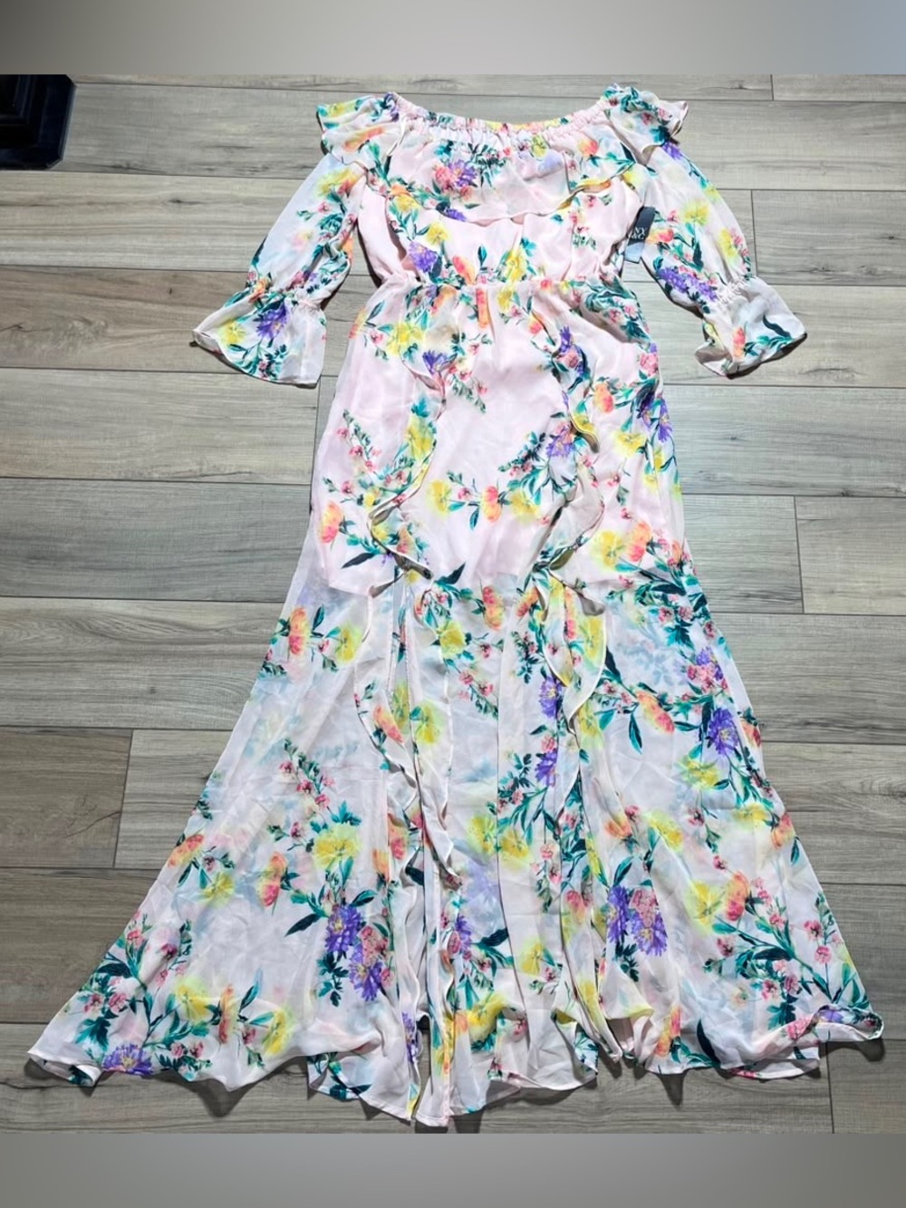 New York & Co. Floral Ruffled Chiffon Maxi Dress With Front Slits Large Tall